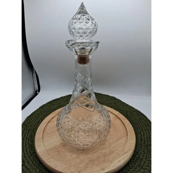 Vintage Diamond-Cut Clear Glass Decanter With Cork Stopper & Ornate Lid