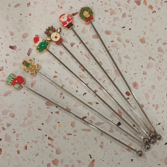 Christmas Swizzle Sticks | Set of 6 | Stainless Steel and Resin Stir Sticks