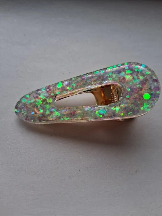 5/$25 Hand Crafted Iridescent Glitter Hair Clip with Green Sparkles