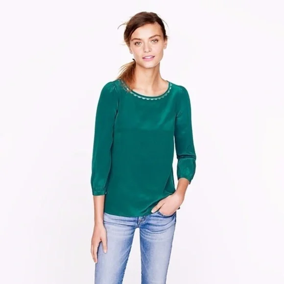 New J. CREW Scalloped Cutout 100% Silk Top in Emerald Green