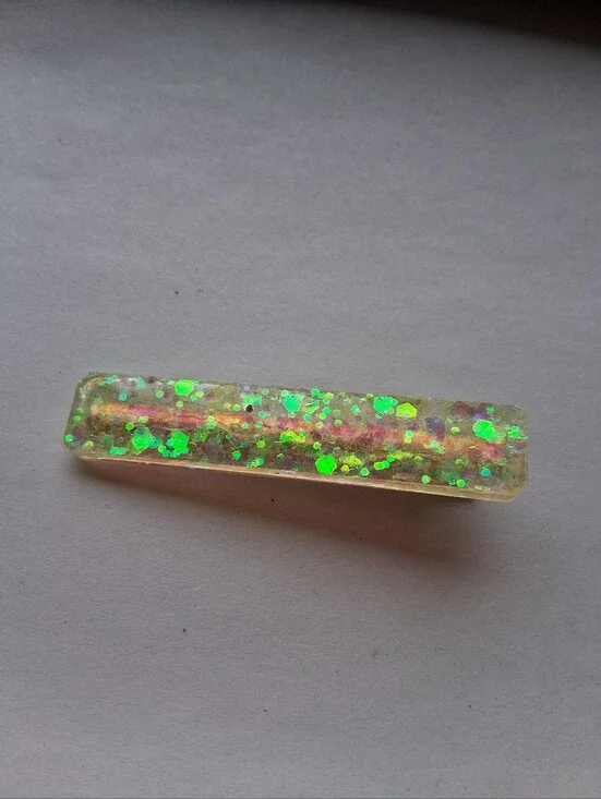 5/$25 Iridescent Resin Barrette Hair Clip with Green Glitter