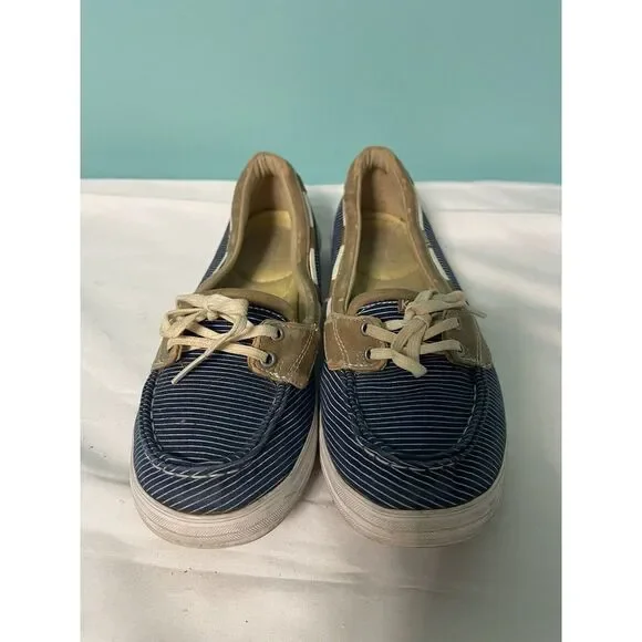 KEDS Tan Navy Blue White Striped Ortholite Canvas Loafer Boat  Women's 8.5 S-346