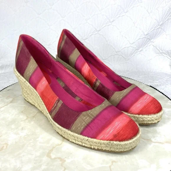 Soft Style Striped Espadrille Wedge Pump Women 8.5 Pink Red Coastal Comfort New