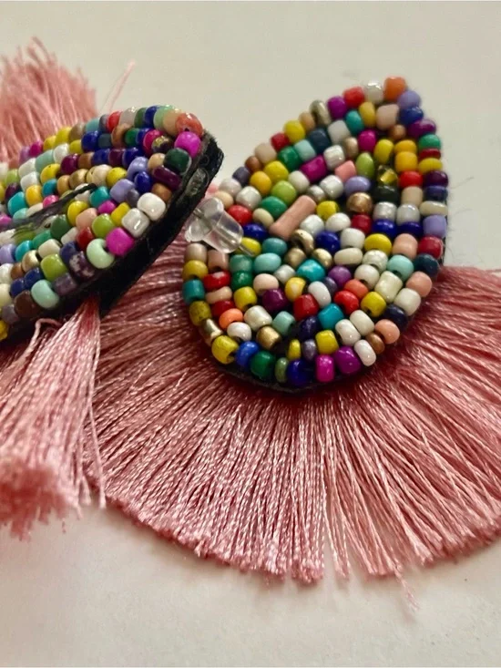Beaded Multicolor Teardrop Tassel Earrings - Pink