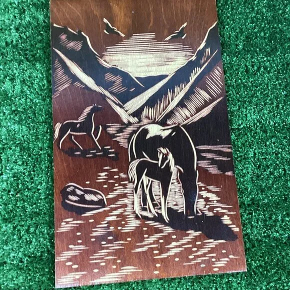 Wood Board Art Burning Carved Horses Landscape