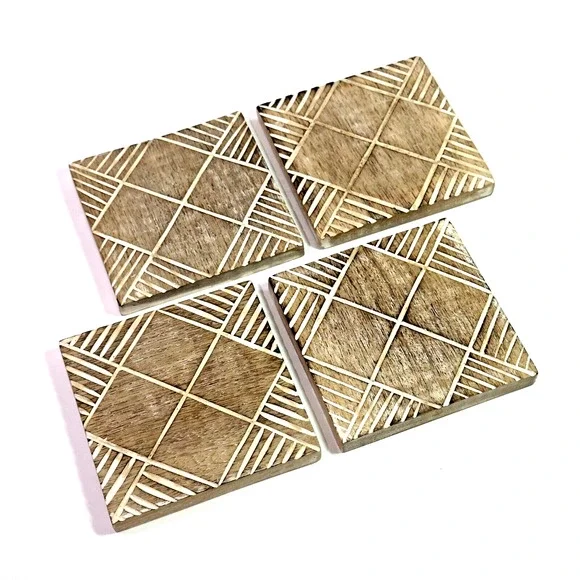Real Wood Coasters Set of 4 Rustic Carved Geometric Boho Tribal Eclectic 4 Inch