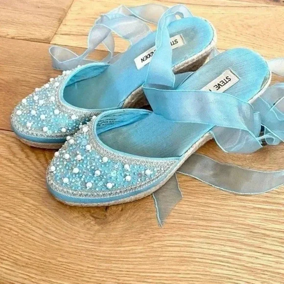 Steve Madden Blue Beaded Espadrilles Tie Up Wedges