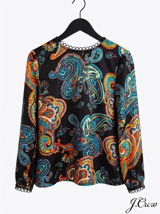 J.Crew 100% Silk Women’s Size 2 Twill Top In Bold Paisley Print Black