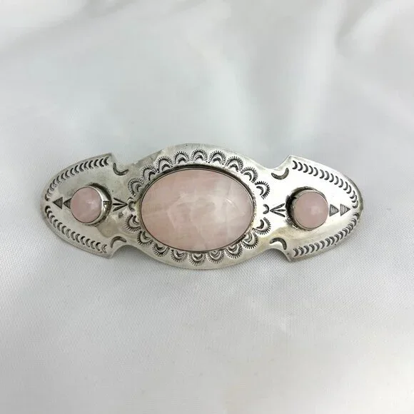 Sterling 925 Silver, Stamped Hair Clip w/ Rose Quartz Cabochons 3.75