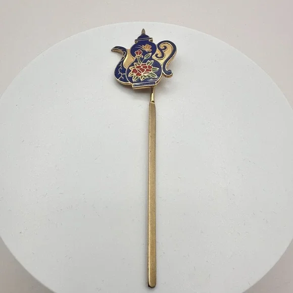 Vintage 90s Cloisonne Teapot Hair Sticks Gold Tone Blue Enamel Women's Jewelry