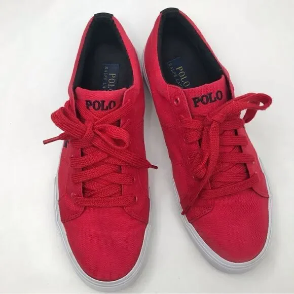Polo Ralph Lauren Red Canvas Lace Up Deck Boat Shoes with Black Logo