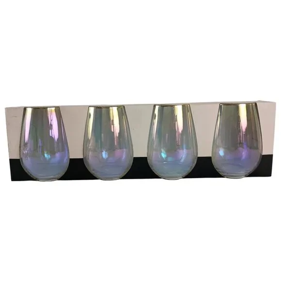 Set of 4 Rachel Zoe Iridescent Stemless Wine Glasses Gold Rim 20oz. New