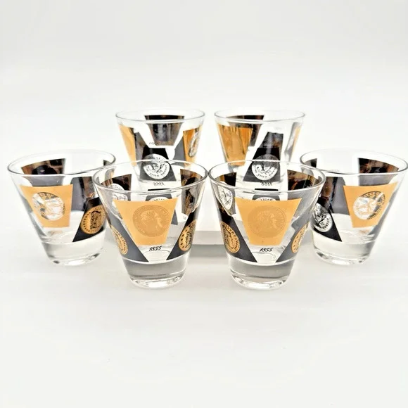 Vintage Mid Century Cera Shot Glasses Black 22K Gold Coins Whiskey Barware