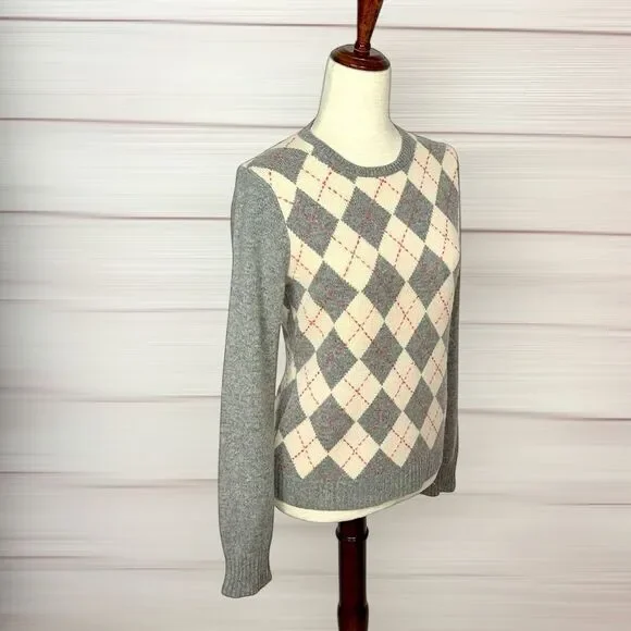 J. Crew Vintage Cashmere Argyle Sweater Gray Cream Crew Neck Classic Women's M