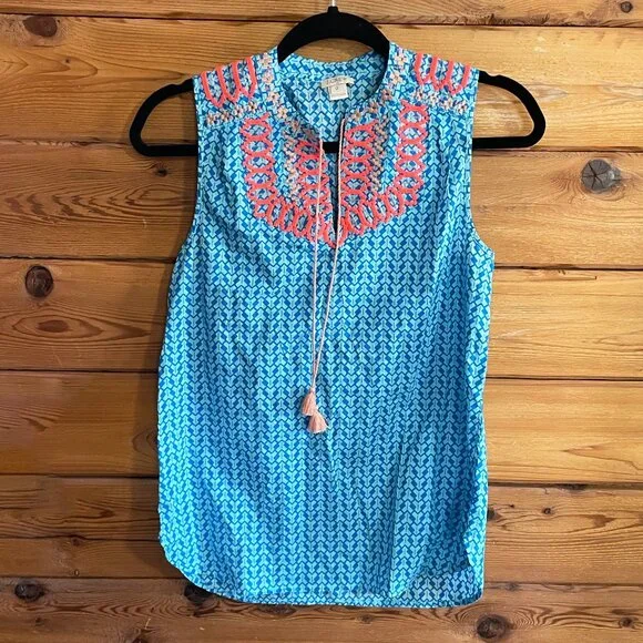 J.Crew Blue and Coral Embroidered Top