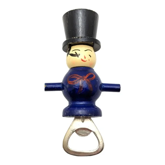 Wood Bottle Opener Hand Painted Circus Ringmaster Figural Japan Vintage Barware