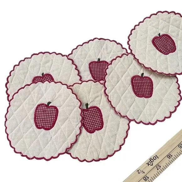 Handmade lot of 6 coasted hot pads, quilted gingham apples.