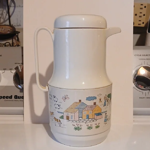 Vintage 80s Insulated Coffee Carafe Cream Thermos with Farmhouse Design