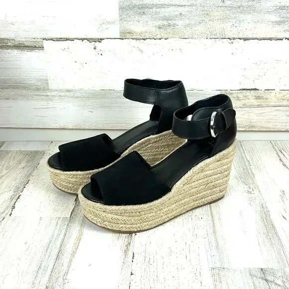 Marc Fisher Womens 9 Black Leather Buckle Platform Espadrille Sandals NEW
