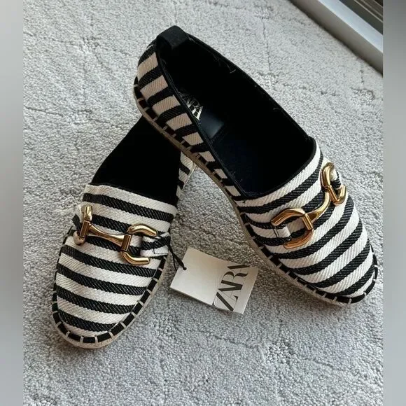 NWT Zara espadrille sandals nautical with gold buckle summer shoes sz 40 Europe