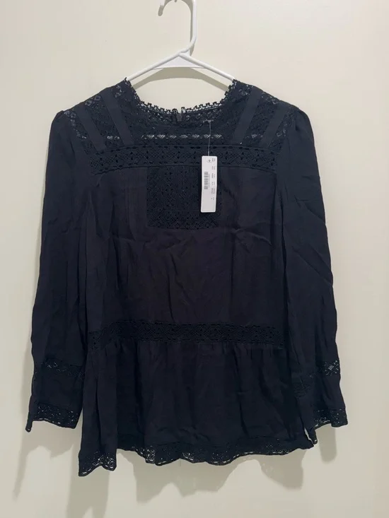 J.Crew Point Sur Black Lace Trim Peplum Blouse Size 6 NWT