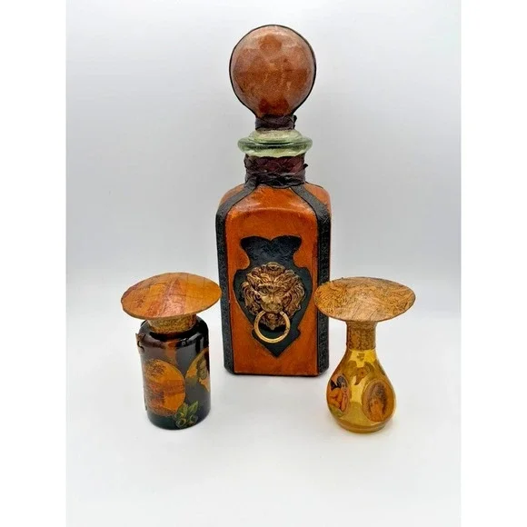 Italian Leather Wrapped Decanter Set Apothecary Bottles Vintage Barware Decor