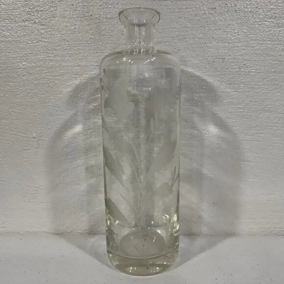 Vintage Etched Clear Glass Bottle Decanter Wheat Floral Pattern Antique Barware