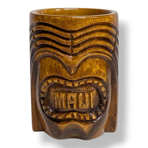 Vintage MAUI Hand Carved Wood Tiki Face Cup Mug Hawaii 5