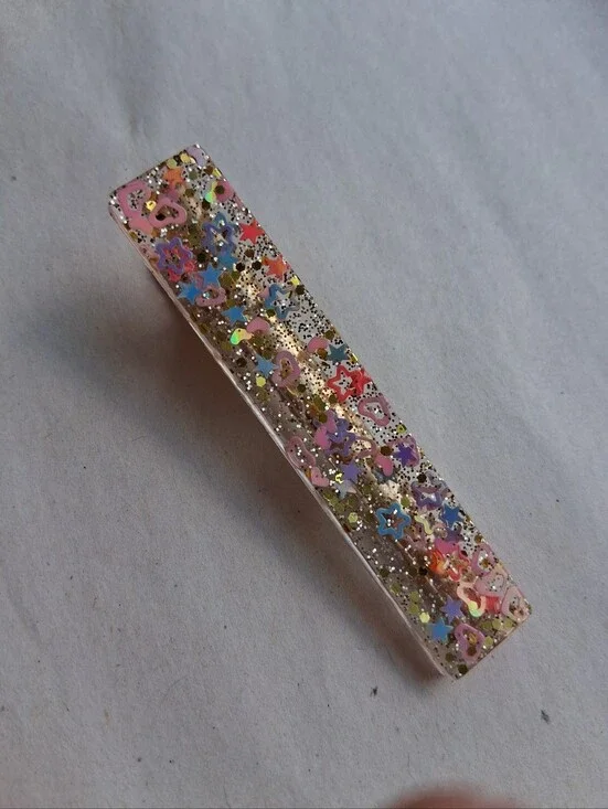 5/$25 Hand Crafted Pink Glitter Rectangle Hair Clip with Multicolor Stars