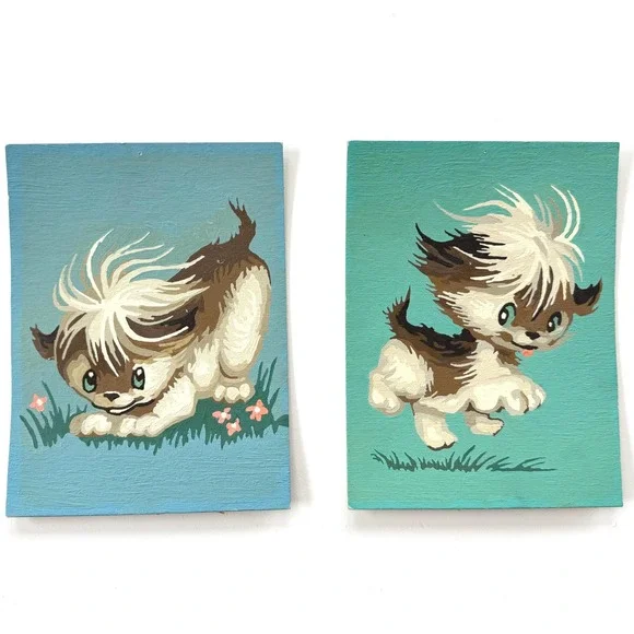 Vintage Paint By Numbers Dog Paintings‎ - Set of 2 - Nursery Decor