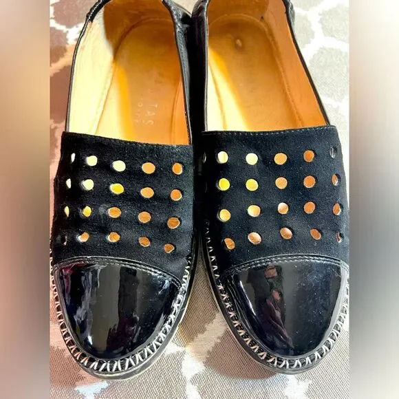 Hispanitas Black Perforated Slip-On Espadrilles made in Spain suede and patent