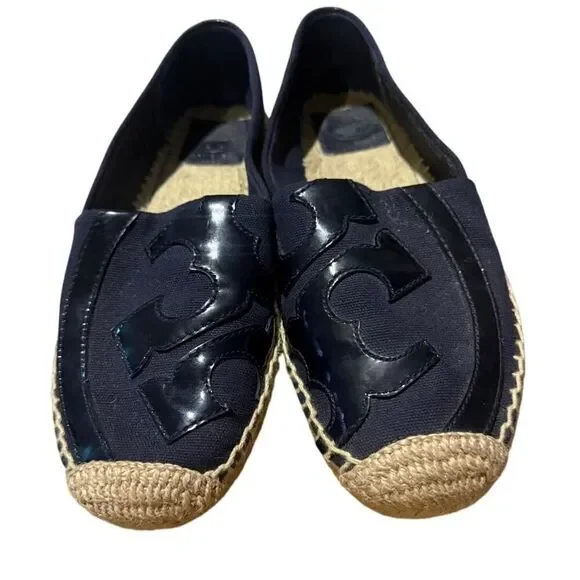 Tory Burch Blue Black Canvas and Patent Leather Poppy Espadrilles Sz. 7.5