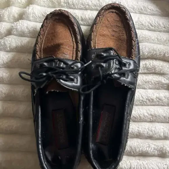 Vintage Playboy Leather Boat Shoes, Two-Tone Black and Brown, Size 11