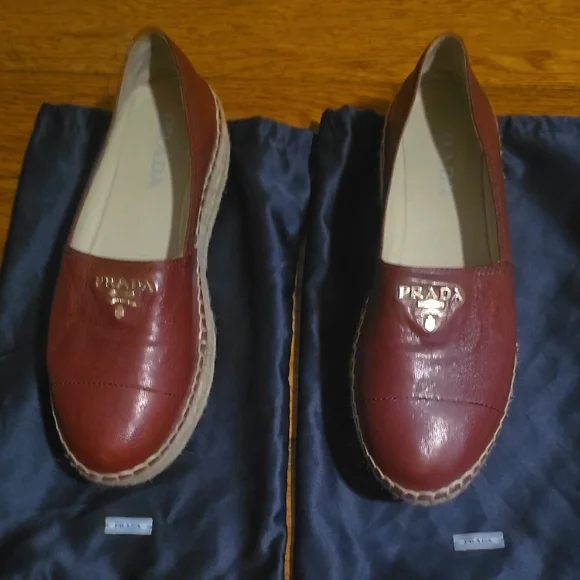 Prada Women's Deep Red Leather Espadrille Loafers