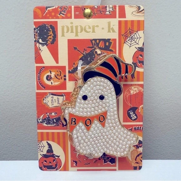 New! Piper K Pearl Ghost in Striped Witches Hat Hair Clip, Halloween 2025