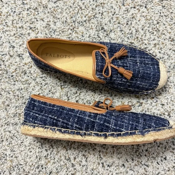 Talbots Izzy Tassel Espadrilles Boucle Womens 6.5 Blue Tan Brown Shoes Preppy