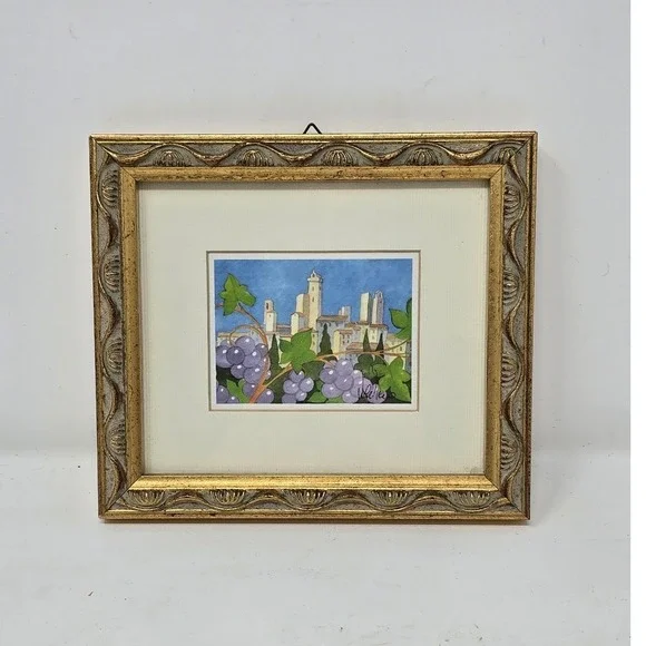 Vtg watercolor San Gimignano countryside Tuscany Italy framed signed wall decor