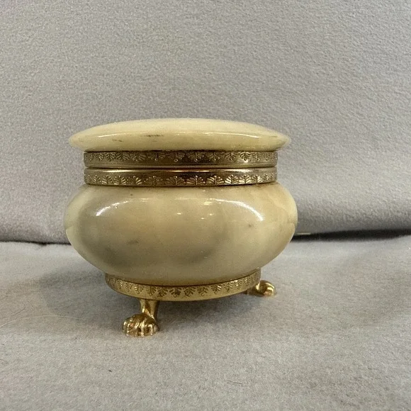 Vintage Italian Alabaster Jewelry Box Round Footed Brass Hinged Trinket Italy
