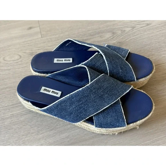 miu miu espadrilles Macy Platform Crisscross Sandals Size 40 US 10‎ Navy Denim