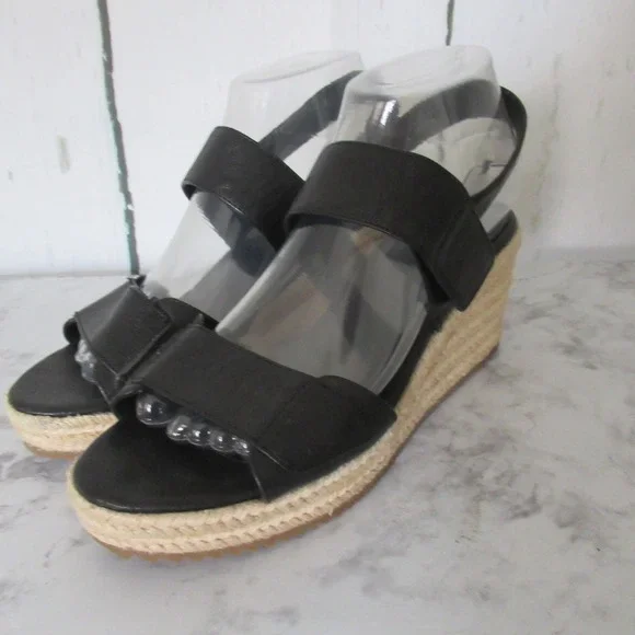 Eileen Fisher Sandals 8.5 Black Leather Wedge Espadrille Adjustable Ankle Strap