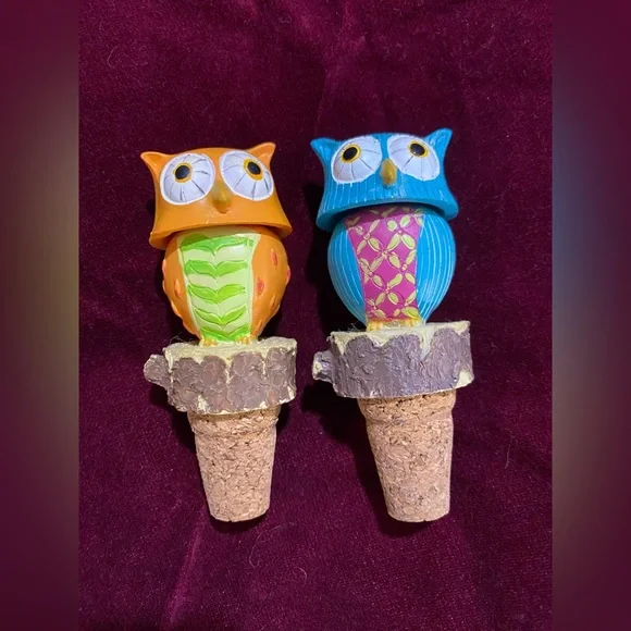 Colorful Owl Wine Bottle Stoppers Set of 2 Orange Blue Decorative Figurines Cork