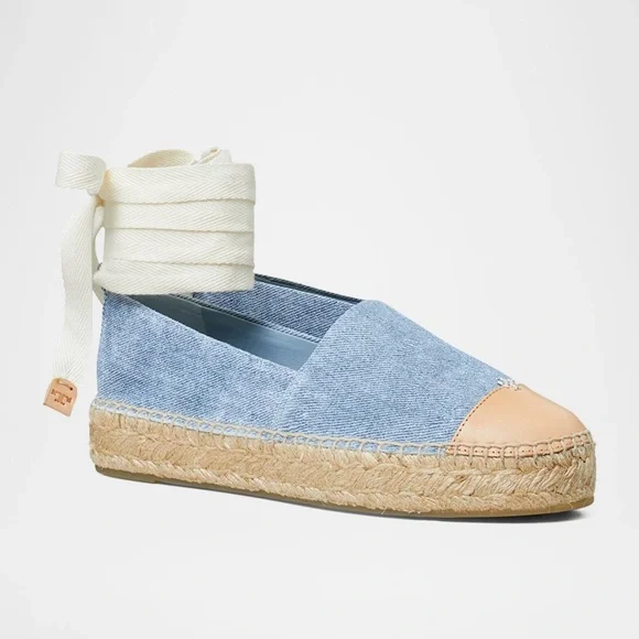 Tory Burch Bi-color Denim Ankle Wrap Cap Toe Espadrilles NWT