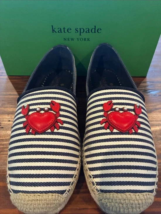kate spade Navy and White Striped Espadrilles with Red Crab Appliqués