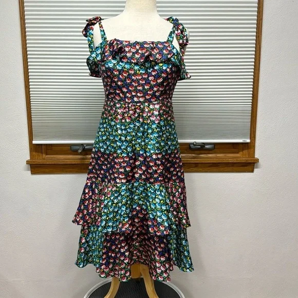 J. Crew Silk Blue Multi Color Floral Tiered Sleeveless Midi Dress Size 6