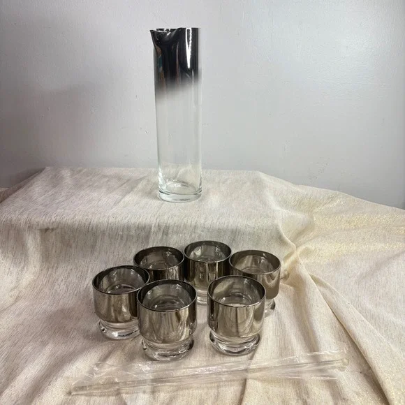 Vintage Silver Ombre Pitcher and Glasses Set Barware Cocktail Party
