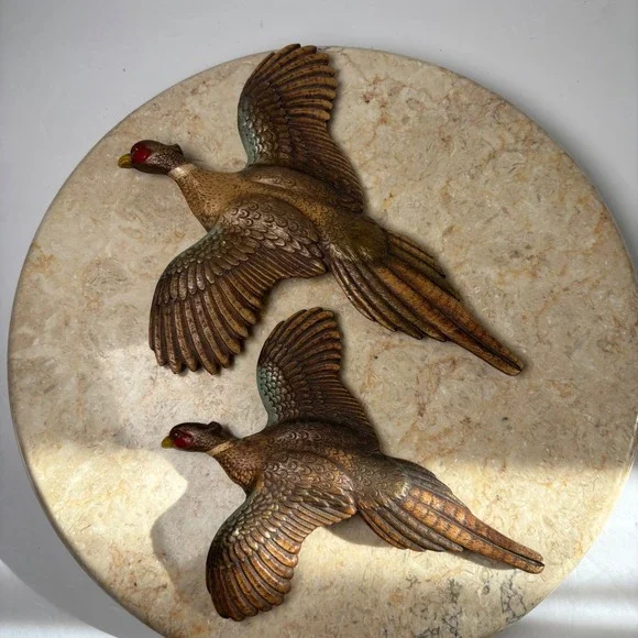 Vintage Pheasant Wall Decor Set of 2 Brown Flying Bird Wooden MCM Cabin Art