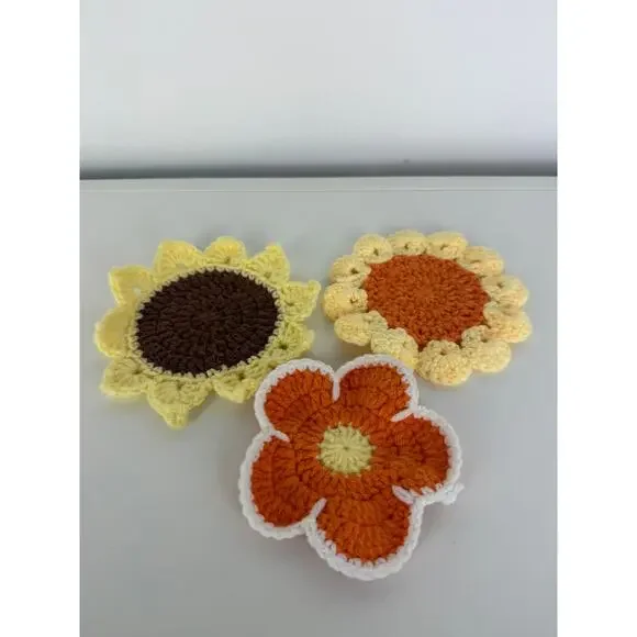 Crochet Flower Sunflower Knitted Boho Pad Orange Yellow Coasters 3-Piece Set