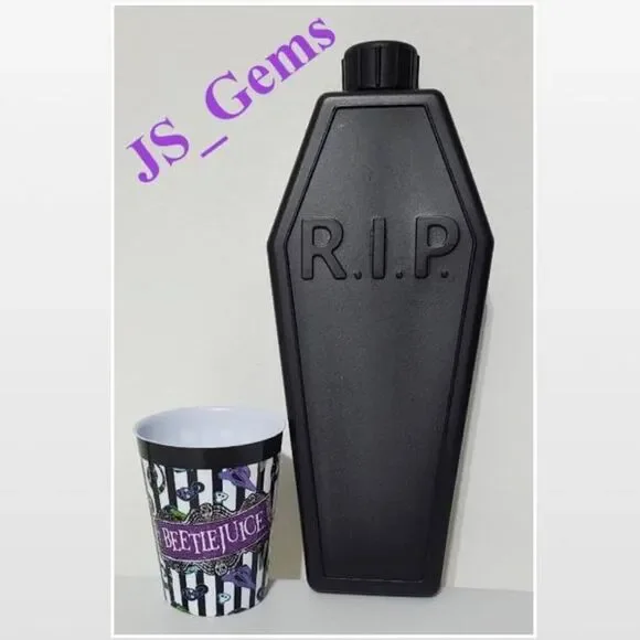 New Black RIP Coffin Flask & Beetlejuice Striped Shot Cup 2 Piece Set NWT