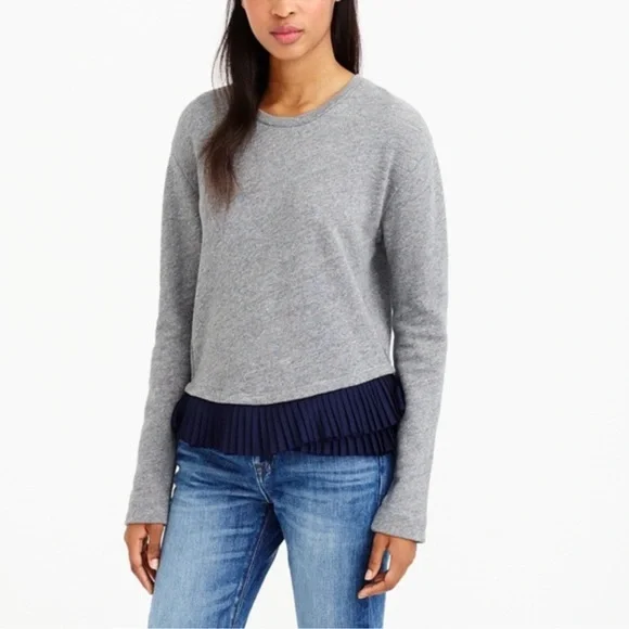 J.CREW Ruffle Pleated Hem in Heather Gray Crew Sweatshirt Top