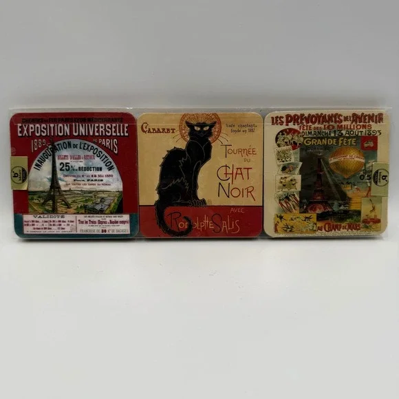 Benart Paris Vintage French Poster Cork Back Coasters Set of 6 Chat Noir New